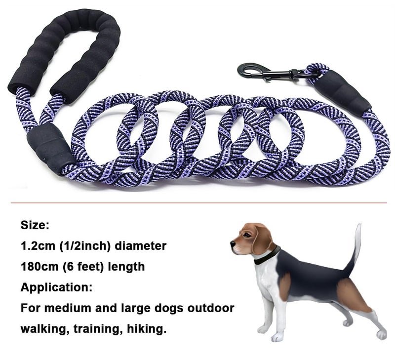 MayPaw Heavy Duty Rope Dog Leash, 6/8/10FT Nylon Pet Leash, Soft Padded Handle Thick Lead Leashes for Large Medium Dogs Walking Roaming (6ft * 1/2", Purple Black) - Image 5